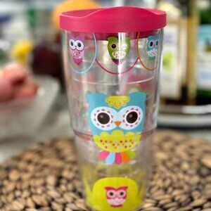 Tervis Insulated Tumbler 24oz with Big Eyed Colorful Owls Pink Slide Lid EUC